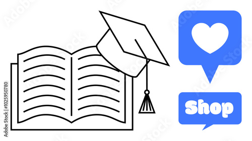 Open book with graduation cap above pages. Blue speech bubbles with heart and shop text. Ideal for education, e-commerce, online learning, academic achievements, shopping. Simple vector style with