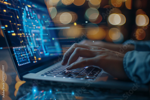 close-up of a medical data scientist coding on a laptop developing algorithms for patient data prediction