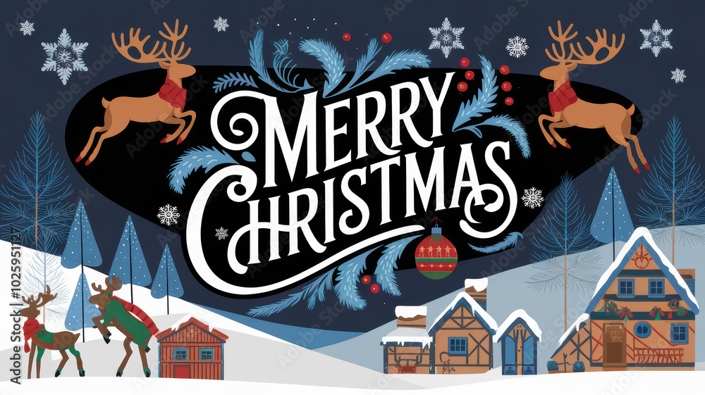 Obraz premium Christmas scene with reindeer, snowy landscape, and festive decorations.