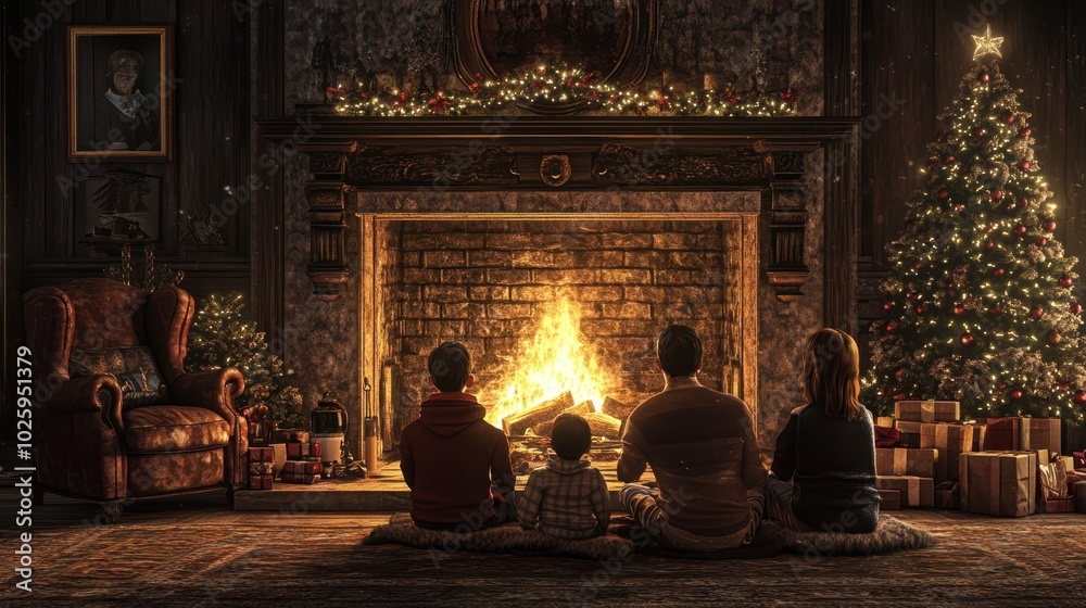 Family enjoys a cozy evening by the fireplace in a festive living room adorned with a decorated Christmas tree and gifts. Family enjoys a cozy evening by the fireplace in a festive living room adorned with a decorated Christmas tree and gifts.