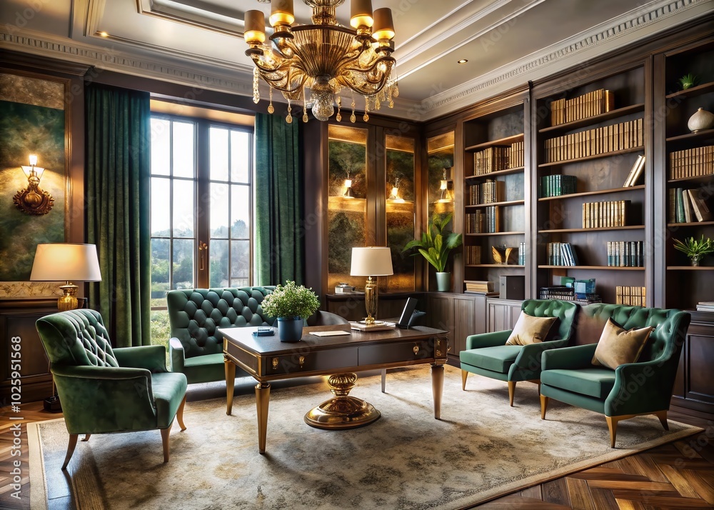 Elegant Home Office with Ornate Decor - Aerial View for Stylish Workspaces