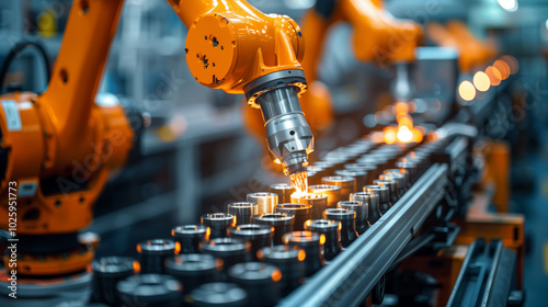 Automotive production of automobile part using robot control, wide angle view, automobile manufacturing technology. high resolution