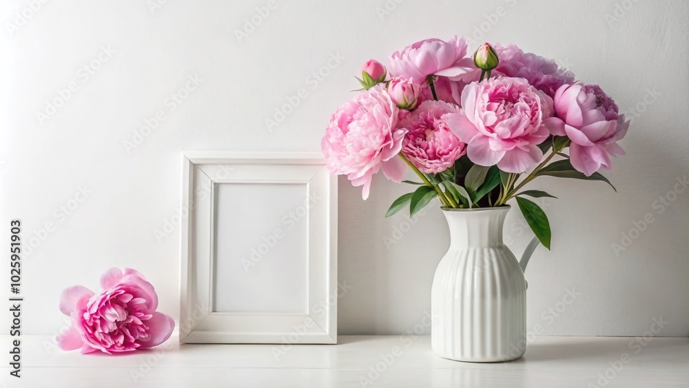 Elegant Mockup with White Frame and Pink Peonies in Vase on White Background for Home Decor Inspiration Elegant Mockup with White Frame and Pink Peonies in Vase on White Background for Home Decor Inspiration