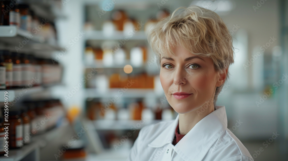 Portrait of pharmacist woman standing in the drugstores Portrait of pharmacist woman standing in the drugstores