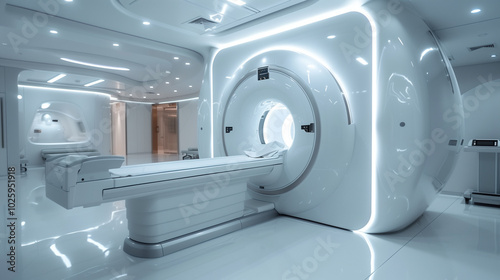 MRI scanner machine in clean room, modern and futuristic robot, health technology