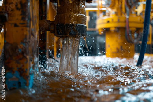 Close-up of a mud pump in action drilling mud coursing through pipelines against the backdrop of a semi-submersible rig photo