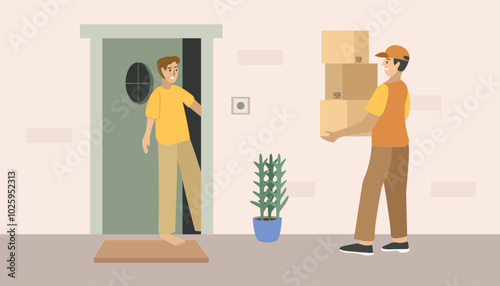 Postman distribute package. Courier delivery service. House delivery. Fast delivery. Delivery express. Warehouse worker. Warehouse distribution. Front door delivery.