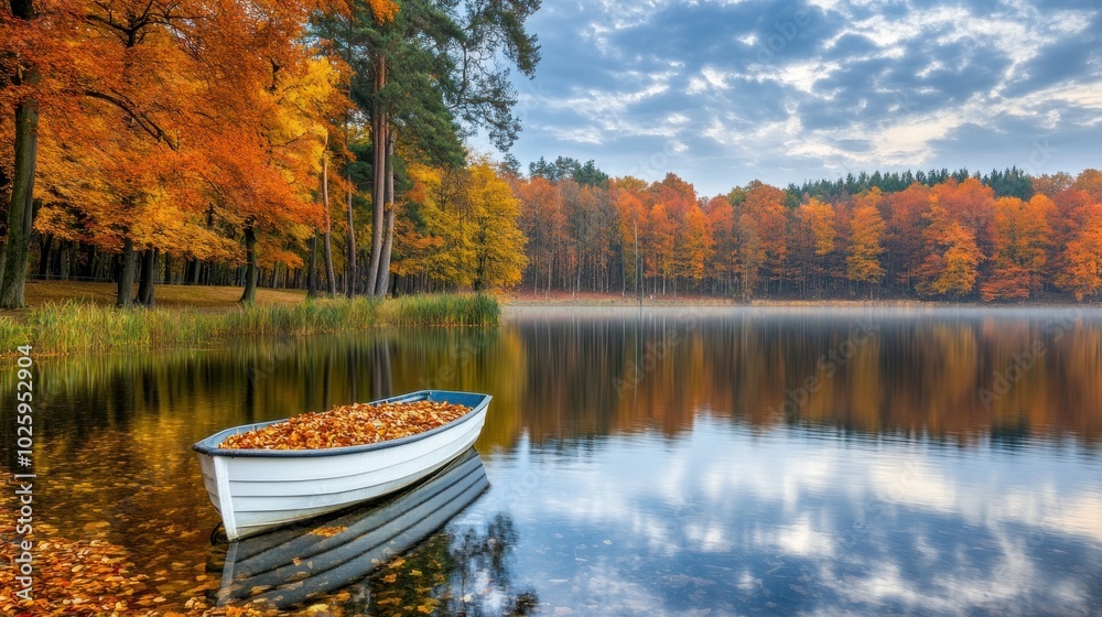 Autumnal Landscape with Rowboat and Fallen Leaves Autumnal Landscape with Rowboat and Fallen Leaves