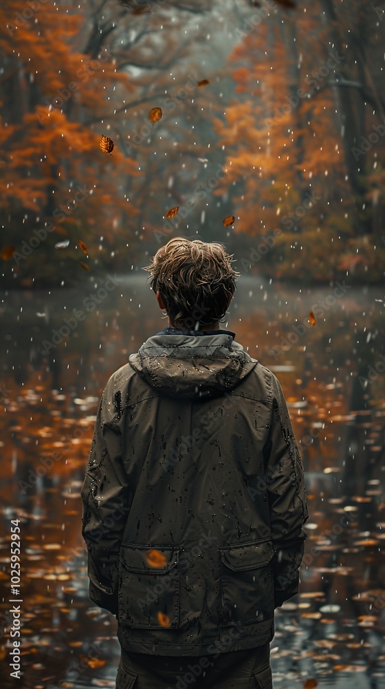 Man Standing in a Misty Forest During Autumn Rain Man Standing in a Misty Forest During Autumn Rain