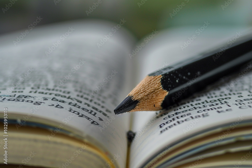 Close-up of a pencil marking important text in a study guide focus on learning and retention