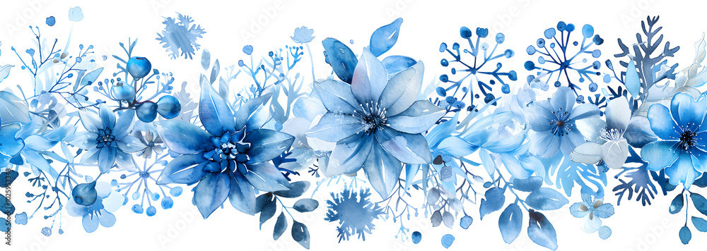 Elegant header with blue snowflakes. An elegant watercolor seamless winter border with snowflakes Elegant header with blue snowflakes. An elegant watercolor seamless winter border with snowflakes