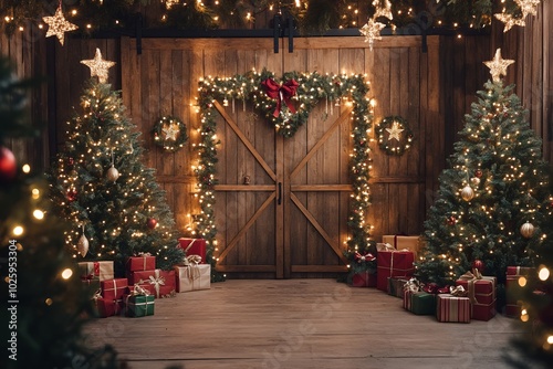 extravagant elegant barn door lush Christmas trees outdoor backdrop scene, Christmas decor and gifts