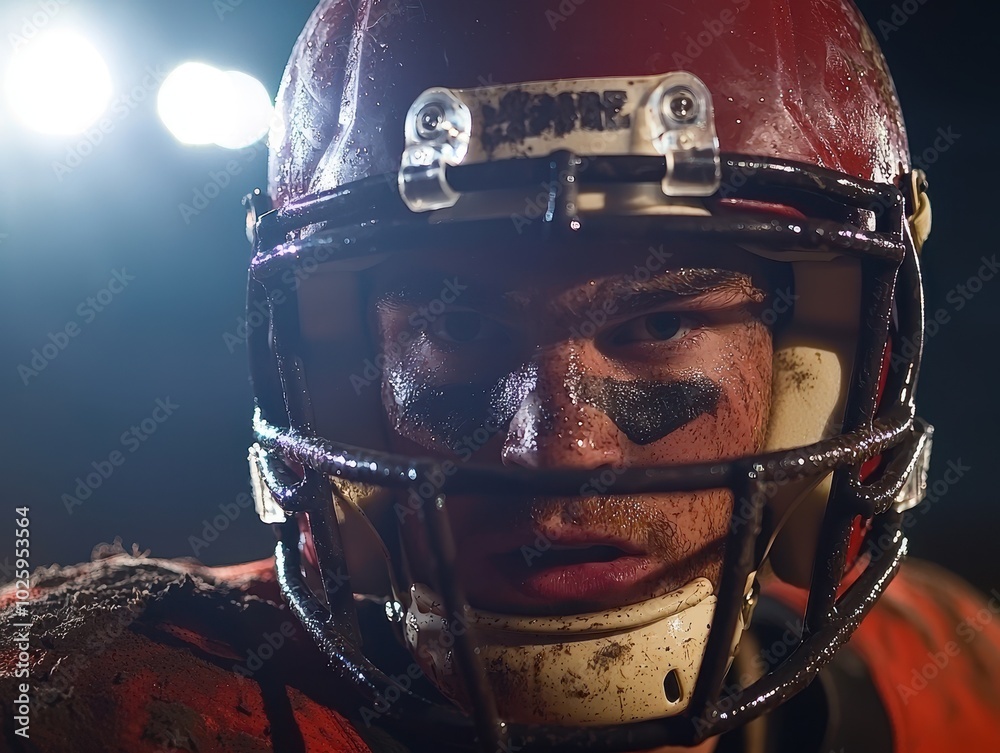Fototapeta premium Intense Close-Up of a Football Player in Helmet