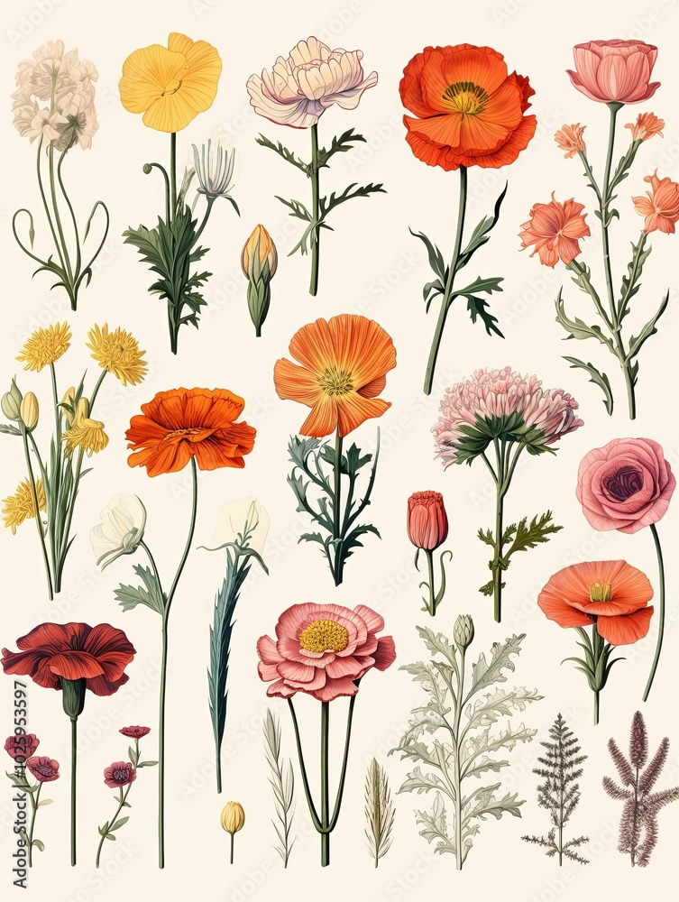 Collection of Various Flower Species with Detailed Botanical Illustration Collection of Various Flower Species with Detailed Botanical Illustration
