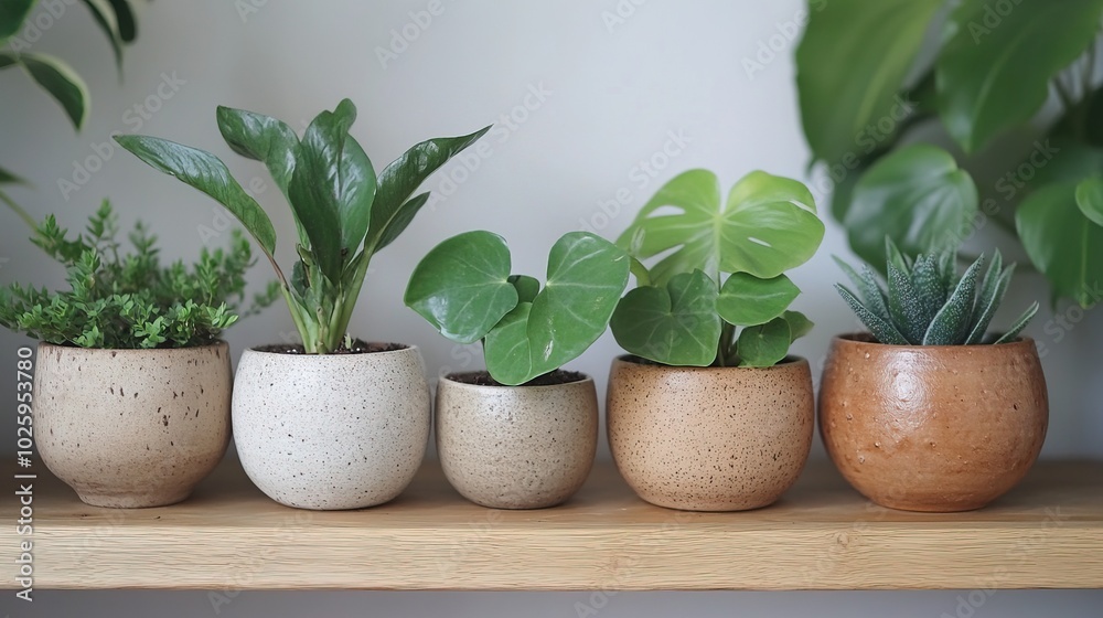 Fototapeta premium A collection of indoor plants in ceramic pots on a wooden shelf