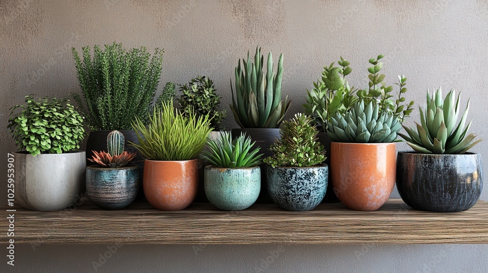 Fototapeta premium A collection of indoor plants in ceramic pots on a wooden shelf