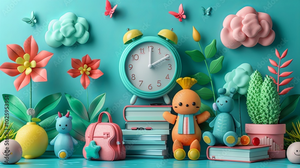 Obraz premium Back to school. Big alarm clock and student learning education elements. 3d rendering