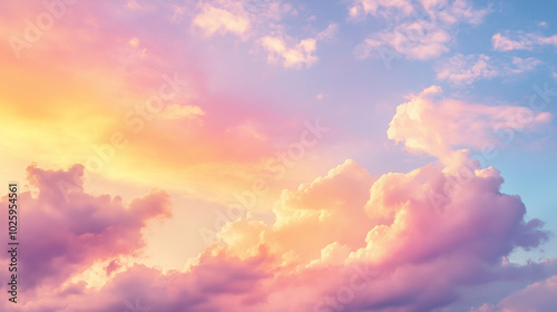 Wallpaper Mural A soft pastel sky at sunset with hues of orange and pink blending into the blue sky above. The sky is adorned with delicate clouds that create an enchanting backdrop for various applications.  Torontodigital.ca