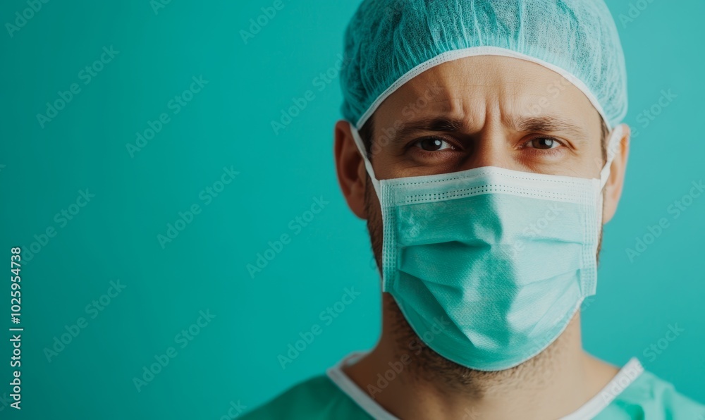 A healthcare professional is portrayed with a serious expression, wearing a surgical mask and cap, set against a bright background, suggesting a focus on health and safety. A healthcare professional is portrayed with a serious expression, wearing a surgical mask and cap, set against a bright background, suggesting a focus on health and safety.
