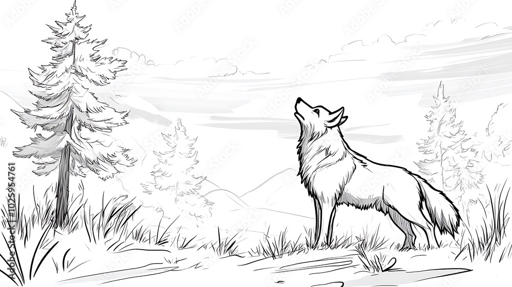 Obraz premium A proud wolf howling towards the sky, simple tree silhouettes in the background, bold lines, low details, no shading, child-friendly design, minimal foliage --ar 16:9 --sref https://s.mj.
