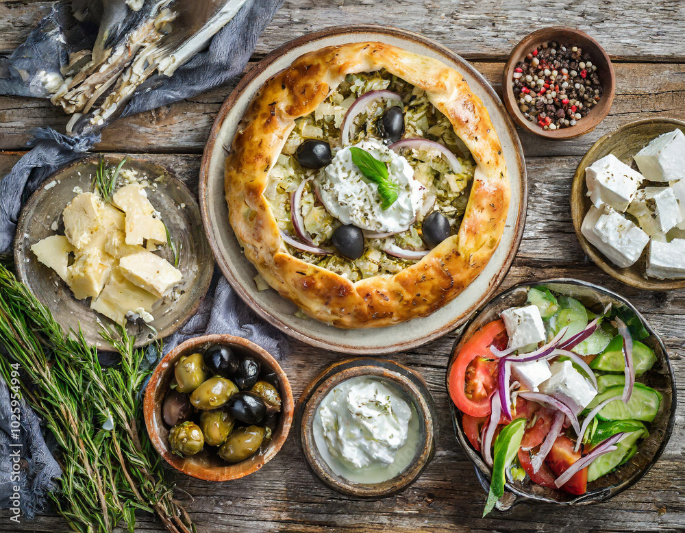 Delicious homemade savory pie with fresh ingredients served on rustic wooden table