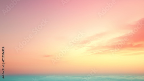 A soft pastel sky at sunset with hues of orange and pink blending into the blue sky above. The sky is adorned with delicate clouds that create an enchanting backdrop for various applications. 