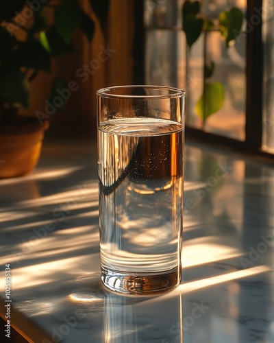 A clear glass of water rests on a marble table by a sunlit window in the afternoon