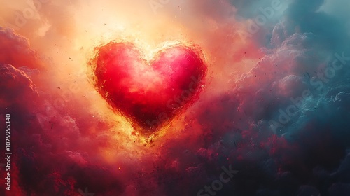 Radiant Valentines heart nestled in pastel clouds blending shades of red pink and gold set against a soft abstract background creating a whimsical and romantic atmosphere