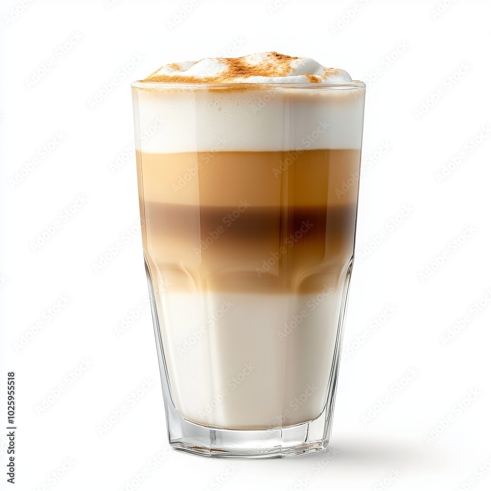 Creamy latte served in a tall glass, with a rich layer of coffee, milk and foam on a white background, highlighting the perfect morning drink experience. Creamy latte served in a tall glass, with a rich layer of coffee, milk and foam on a white background, highlighting the perfect morning drink experience.