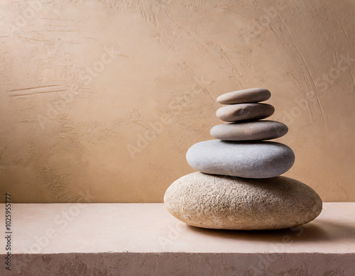 Stacked stones create a serene display on a smooth ledge against a textured beige wall