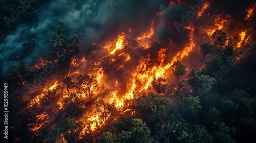 Aerial view of a wildfire engulfing a forest, firefighter in action on the ground, helicopter releasing water from above, flames roaring into the sky