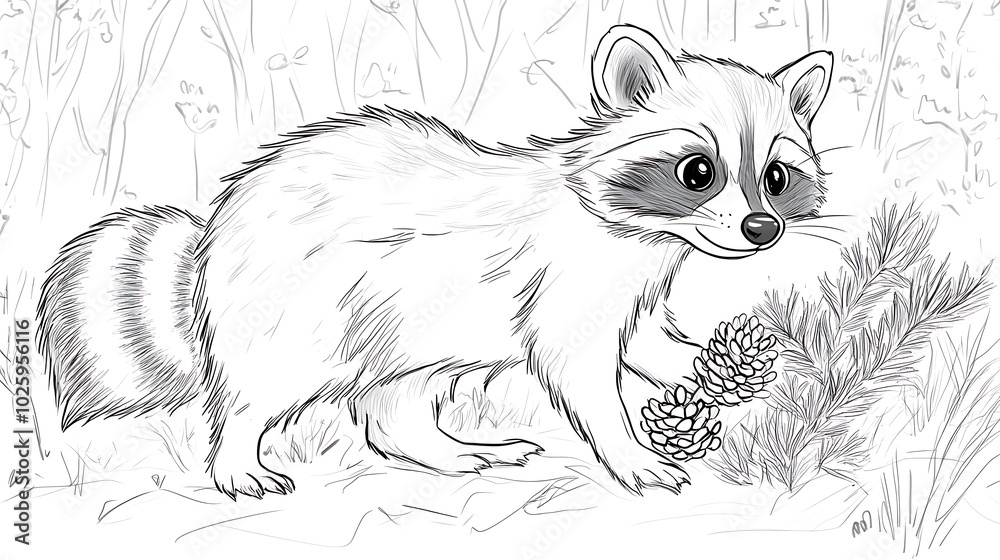 Obraz premium A raccoon holding a pinecone, standing next to a simple bush in the forest, bold lines, low details, no shading, minimal background, child-friendly design --ar 16:9 --sref https://s.mj.