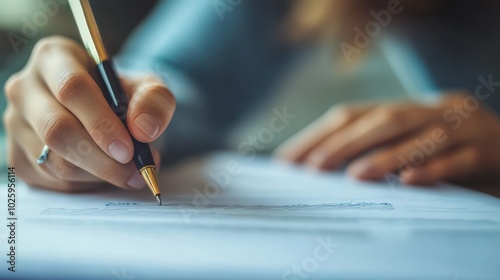 Close-up shot of a hand writing on a financial document