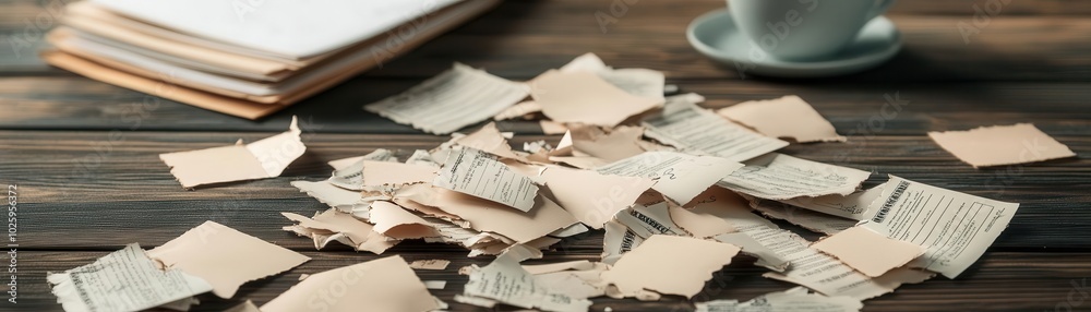 Obraz premium Torn-up stock certificates scattered over a desk, Stock Market Fail, paper loss, failed investments, financial crisis
