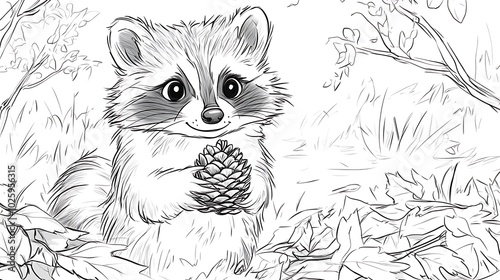 A raccoon proudly holding a pinecone, standing near a small shrub, surrounded by fallen leaves and branches, bold lines, low details, no shading, child-friendly design --ar 16:9 --sref https://s.mj. photo