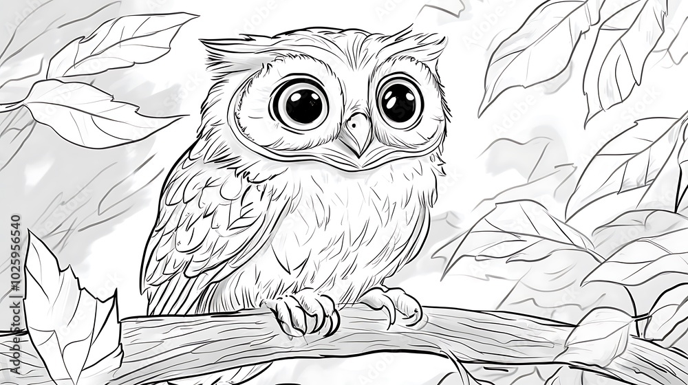 Fototapeta premium A realistic owl perched on a low branch with big round eyes, surrounded by simple leaf patterns, bold lines, low details, no shading, child-friendly design,