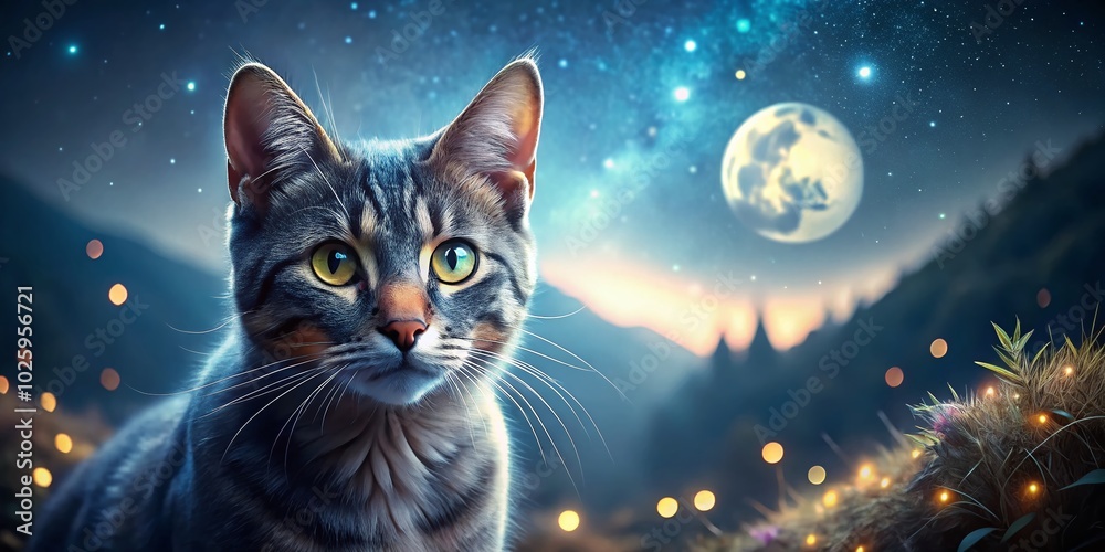 Enigmatic Cat Eyes Glowing in Moonlight - Long Exposure Night Photography Enigmatic Cat Eyes Glowing in Moonlight - Long Exposure Night Photography