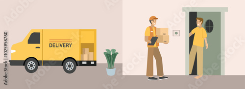 Courier delivery checking. Front door house delivery. Courier delivery van. Delivery truck. Warehouse delivery package. Warehouse delivery services. Postman delivering parcel. 
