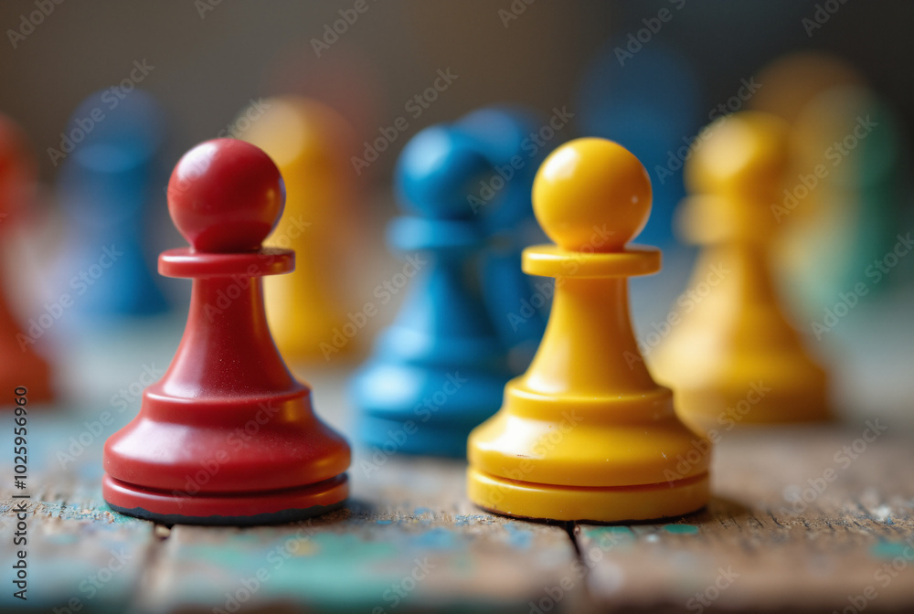 Vibrant Game Pawns on Rustic Wooden Board: Perfect for Board Game Marketing or Family Game Night Promotions