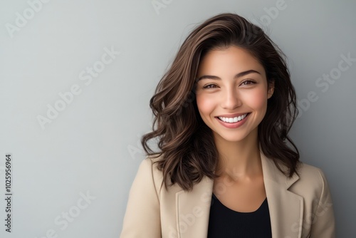 Happy young business woman posing isolated over grey background. 