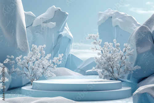 Minimalistic white 3D winter landscape displayed on a podium, showcasing a serene and artistic design. photo