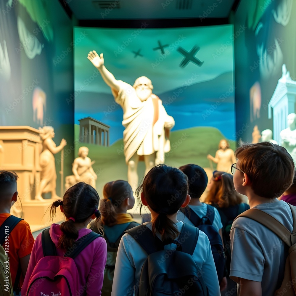 Fototapeta premium A group of young students on a field trip at a museum of history, marveling at interactive exhibits of ancient civilizations and life-sized holograms of historical figures