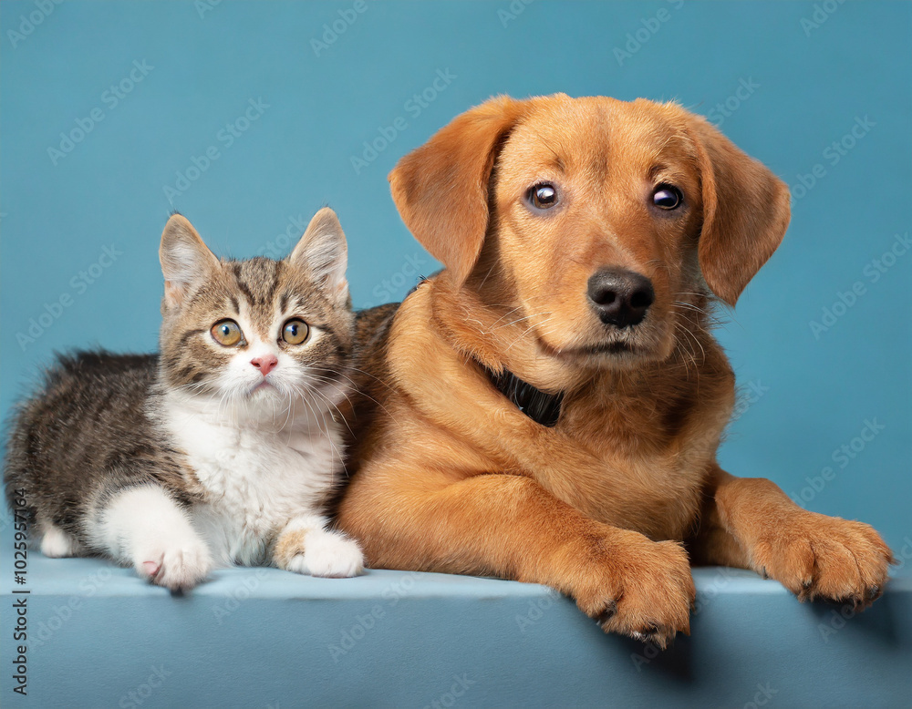 Adorable puppy and kitten posing together on a blue backdrop during a studio photo session Adorable puppy and kitten posing together on a blue backdrop during a studio photo session