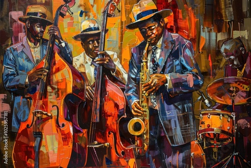 A man in a hat plays a saxophone in front of a group of other men, generative ai image