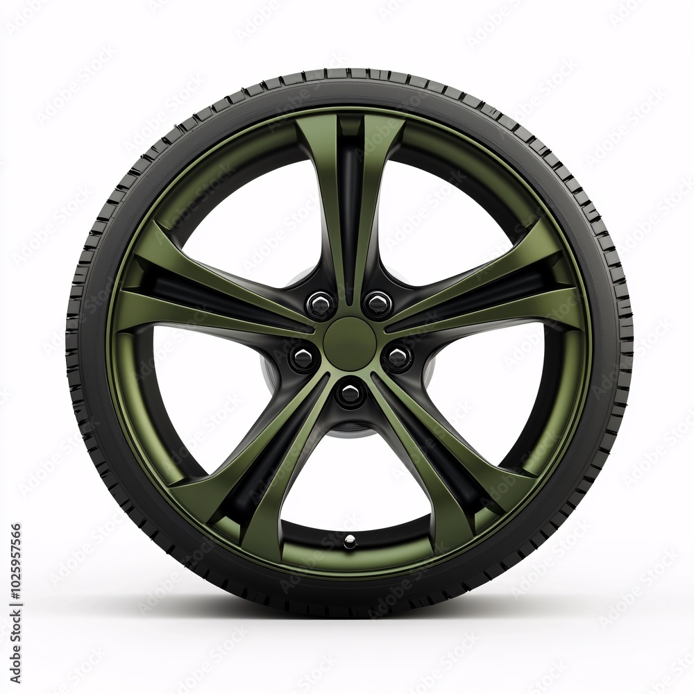 Sleek green alloy wheel with a modern design, showcasing elegant spokes and a smooth tire. Perfect for automotive, transport, and design themes.