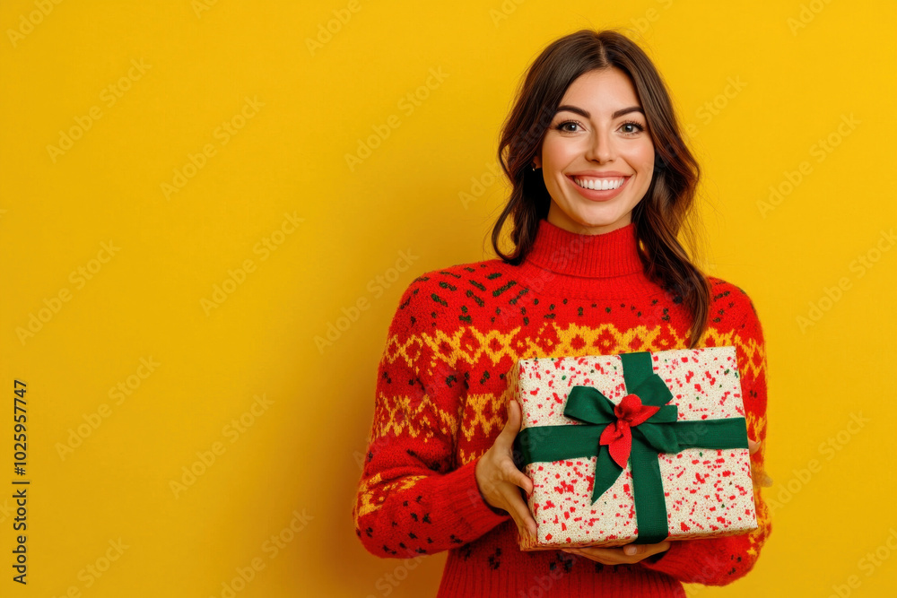 Woman in red sweater holding a present box, smiling joyfully. Gift wrapped with a golden bow under a glittering Christmas tree. Woman in red sweater holding a present box, smiling joyfully. Gift wrapped with a golden bow under a glittering Christmas tree.