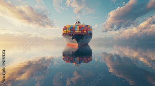 A realistic cargo ship adorned with colorful containers sailing through calm waters, reflecting clouds and sunrise in the serene atmosphere.