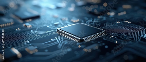 Close-up of a microprocessor on a circuit board with glowing connections and detailed circuitry.