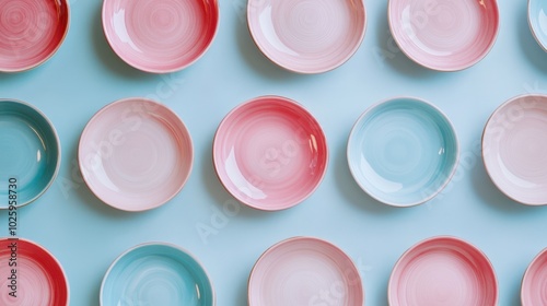 Colorful porcelain plates arranged in a neat pattern with pink and blue hues creating a modern aesthetic light tone concept