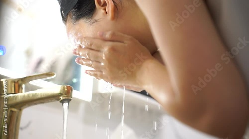 Asian woman washes her face after waking up
